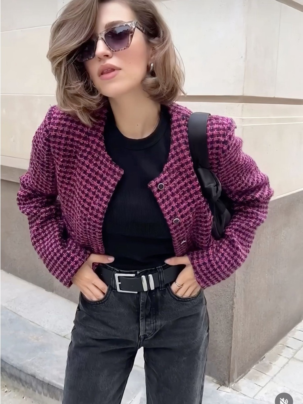 ZARA Tweed Cropped Jacket Pink Black Wool Blend Button Front Size M - Picture 13 of 16
